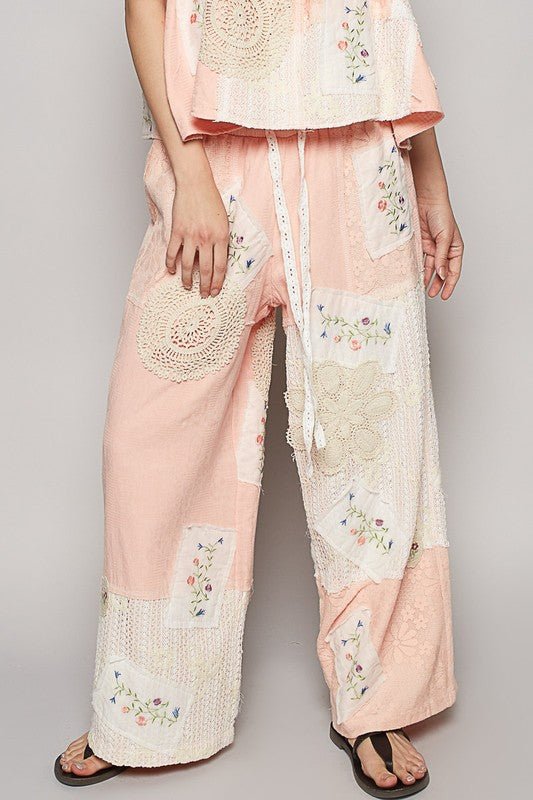 POL Embroidered Drawstring Lace Patch Wide Leg Pants - Bitsy Gypsy Boutique