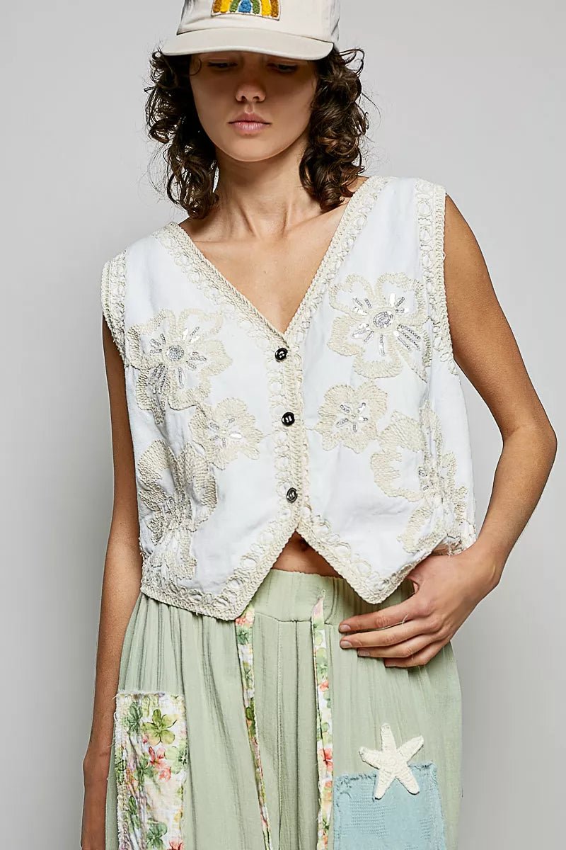 POL Embroidered Floral V - Neck Button Down Crochet Vest - Bitsy Gypsy Boutique