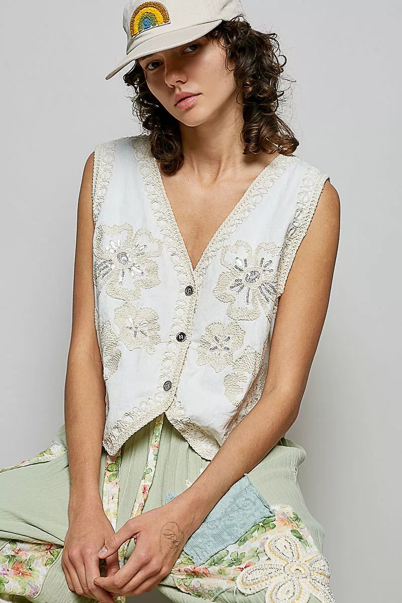 POL Embroidered Floral V - Neck Button Down Crochet Vest - Bitsy Gypsy Boutique