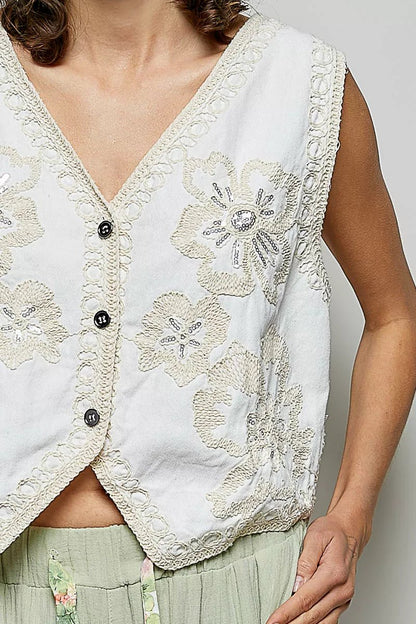 POL Embroidered Floral V - Neck Button Down Crochet Vest - Bitsy Gypsy Boutique