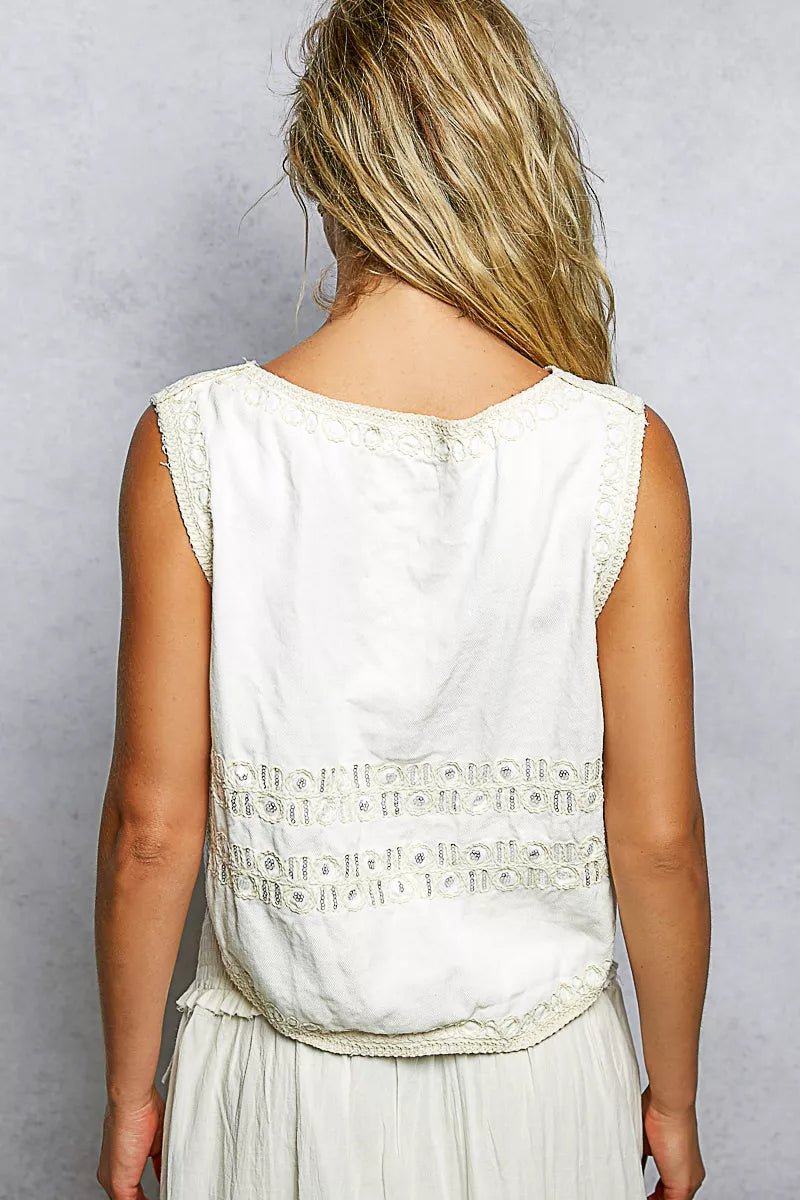 POL Embroidered Floral V - Neck Button Down Crochet Vest - Bitsy Gypsy Boutique