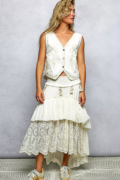 POL Embroidered Floral V - Neck Button Down Crochet Vest - Bitsy Gypsy Boutique