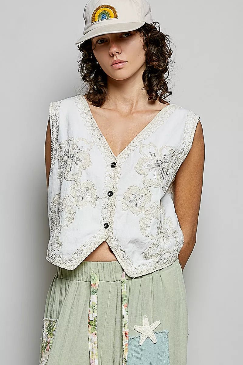 POL Embroidered Floral V - Neck Button Down Crochet Vest - Bitsy Gypsy Boutique