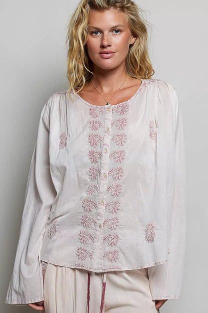 POL Embroidered Gathered Shoulder Long Sleeve Shirt - Bitsy Gypsy Boutique