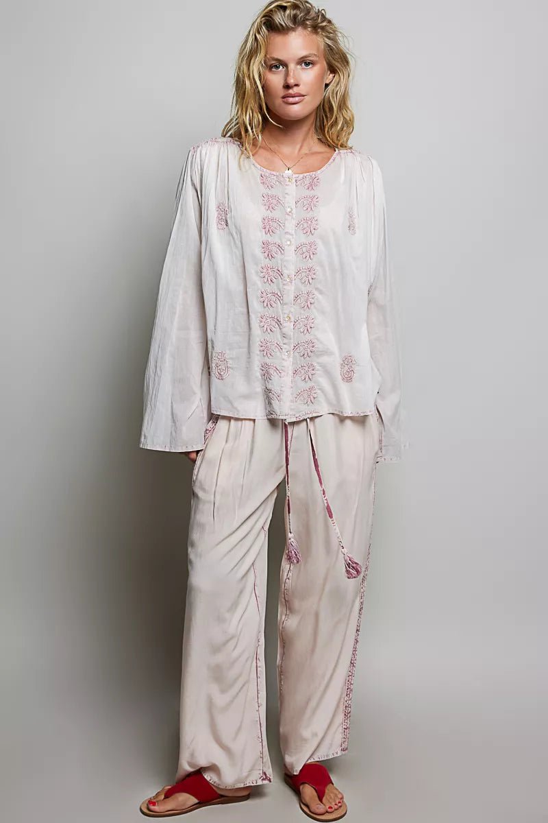 POL Embroidered Gathered Shoulder Long Sleeve Shirt - Bitsy Gypsy Boutique