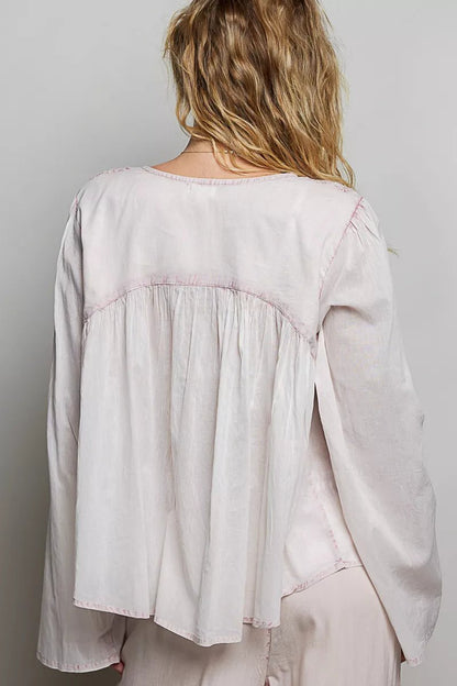 POL Embroidered Gathered Shoulder Long Sleeve Shirt - Bitsy Gypsy Boutique