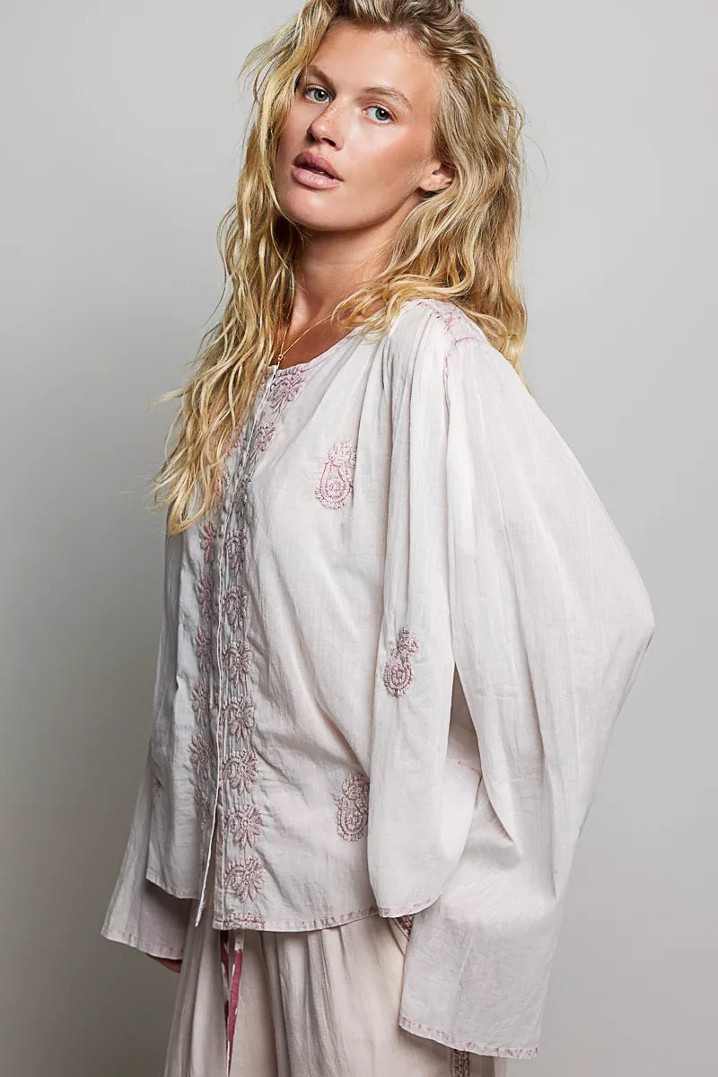 POL Embroidered Gathered Shoulder Long Sleeve Shirt - Bitsy Gypsy Boutique