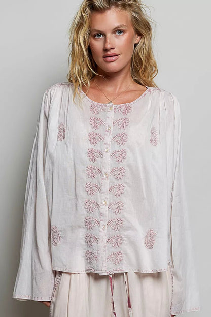 POL Embroidered Gathered Shoulder Long Sleeve Shirt - Bitsy Gypsy Boutique