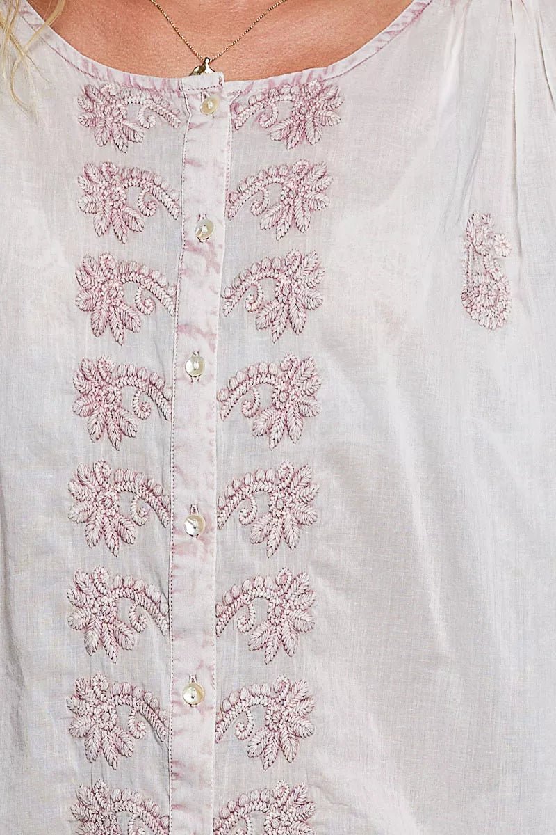 POL Embroidered Gathered Shoulder Long Sleeve Shirt - Bitsy Gypsy Boutique