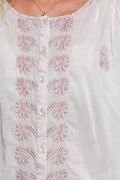 POL Embroidered Gathered Shoulder Long Sleeve Shirt - Bitsy Gypsy Boutique