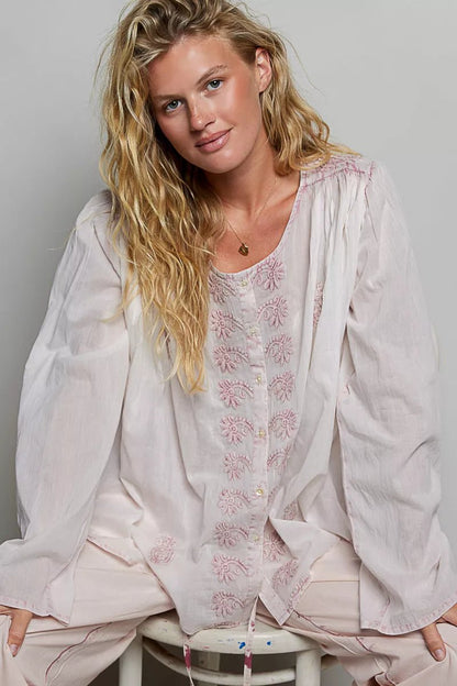 POL Embroidered Gathered Shoulder Long Sleeve Shirt - Bitsy Gypsy Boutique
