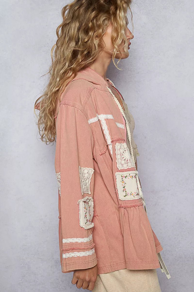 POL Embroidered Patch Hooded Jacket with Lace Detail - Bitsy Gypsy Boutique