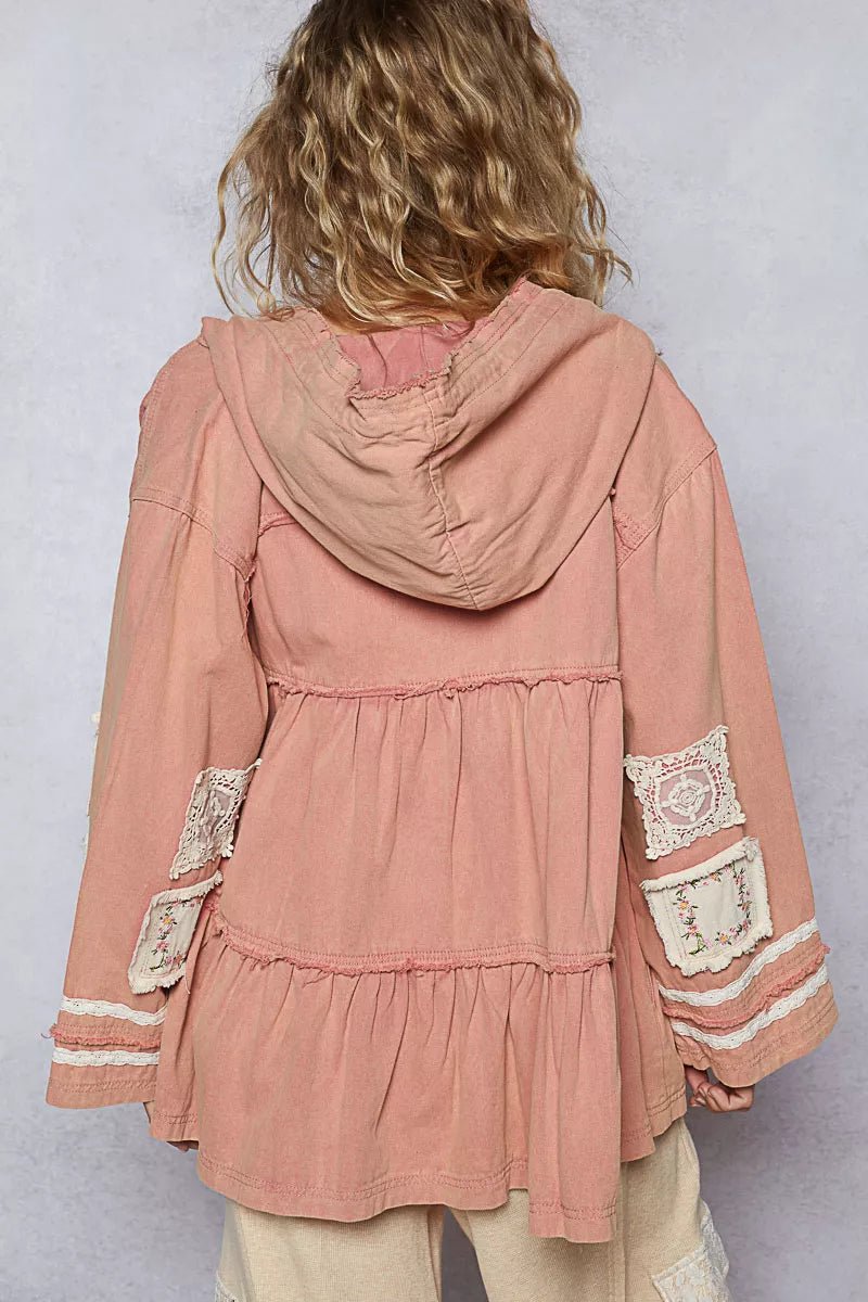 POL Embroidered Patch Hooded Jacket with Lace Detail - Bitsy Gypsy Boutique