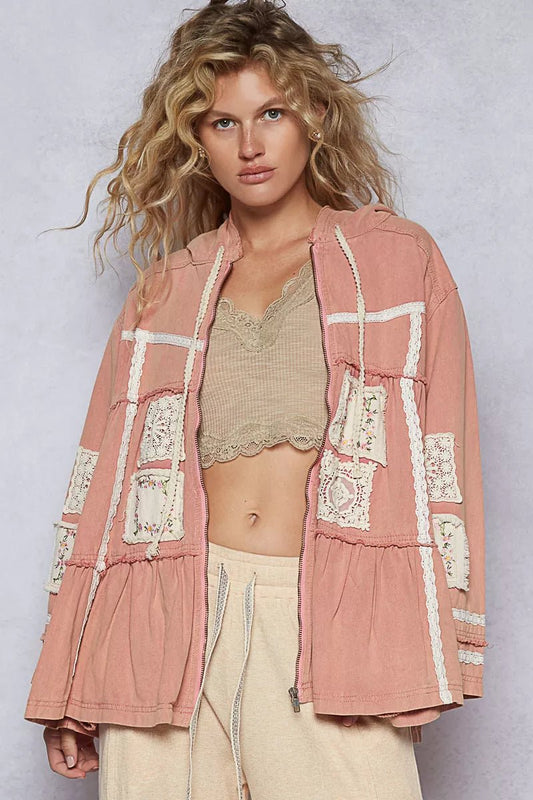 POL Embroidered Patch Hooded Jacket with Lace Detail - Bitsy Gypsy Boutique