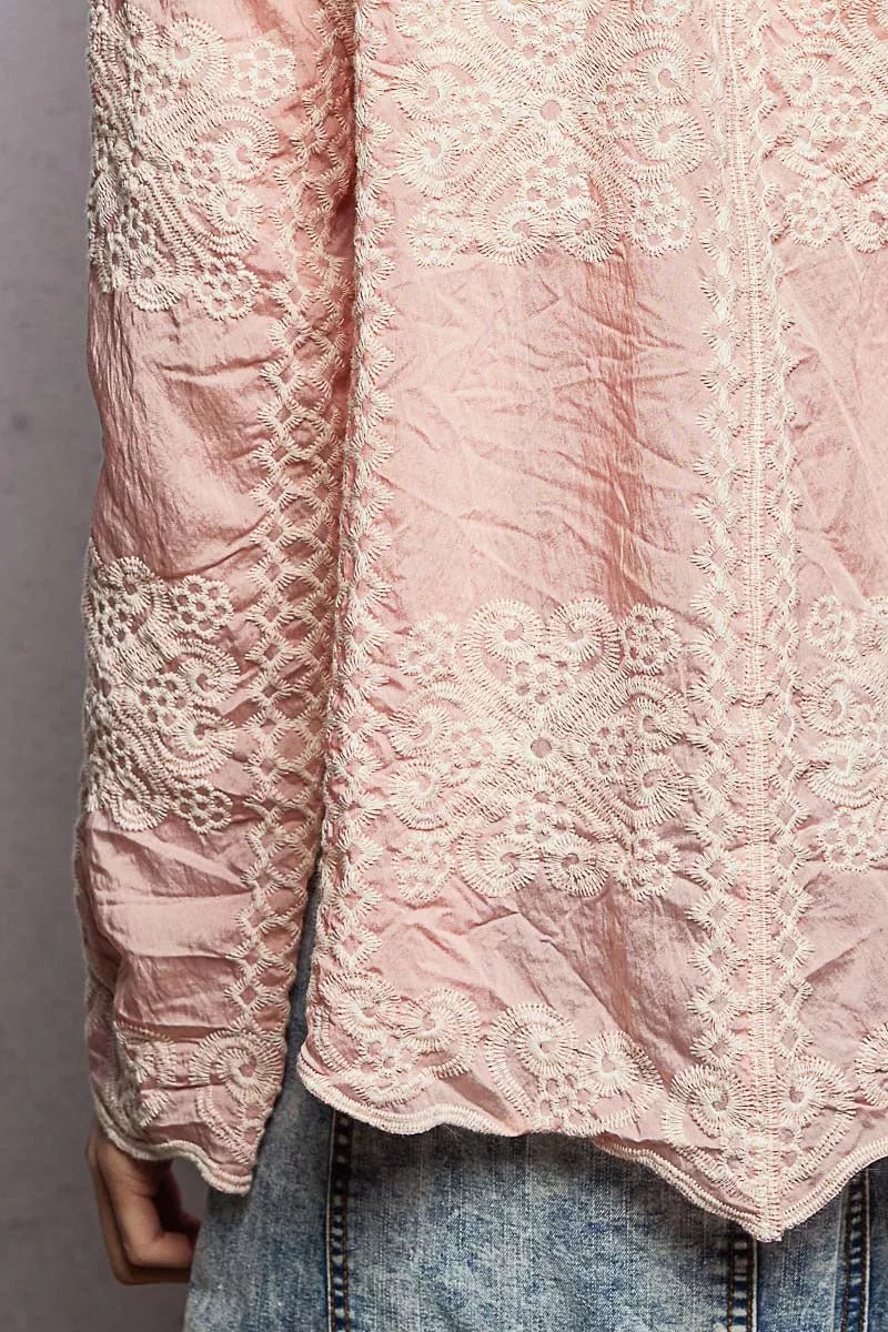 POL Embroidery Button Down Long Sleeve Shirt - Bitsy Gypsy Boutique