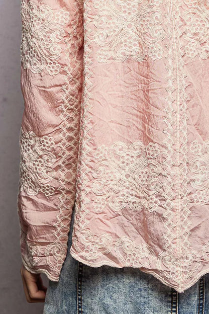 POL Embroidery Button Down Long Sleeve Shirt - Bitsy Gypsy Boutique