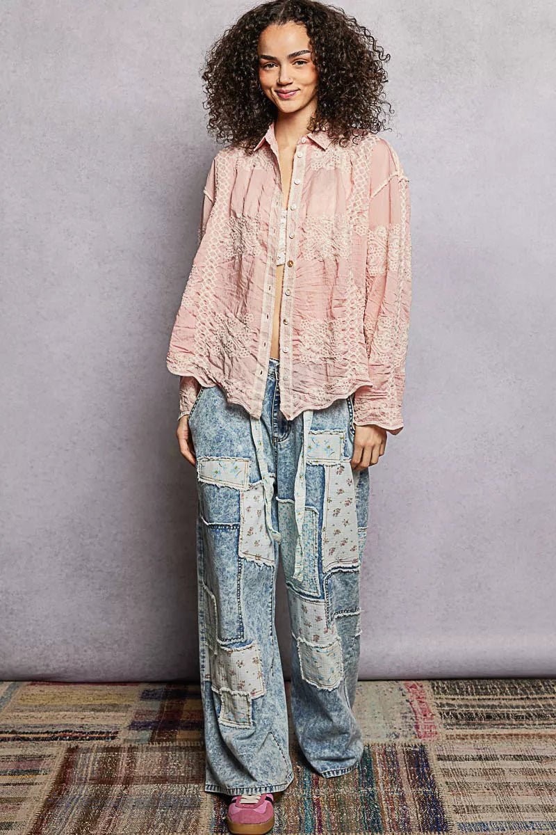 POL Embroidery Button Down Long Sleeve Shirt - Bitsy Gypsy Boutique