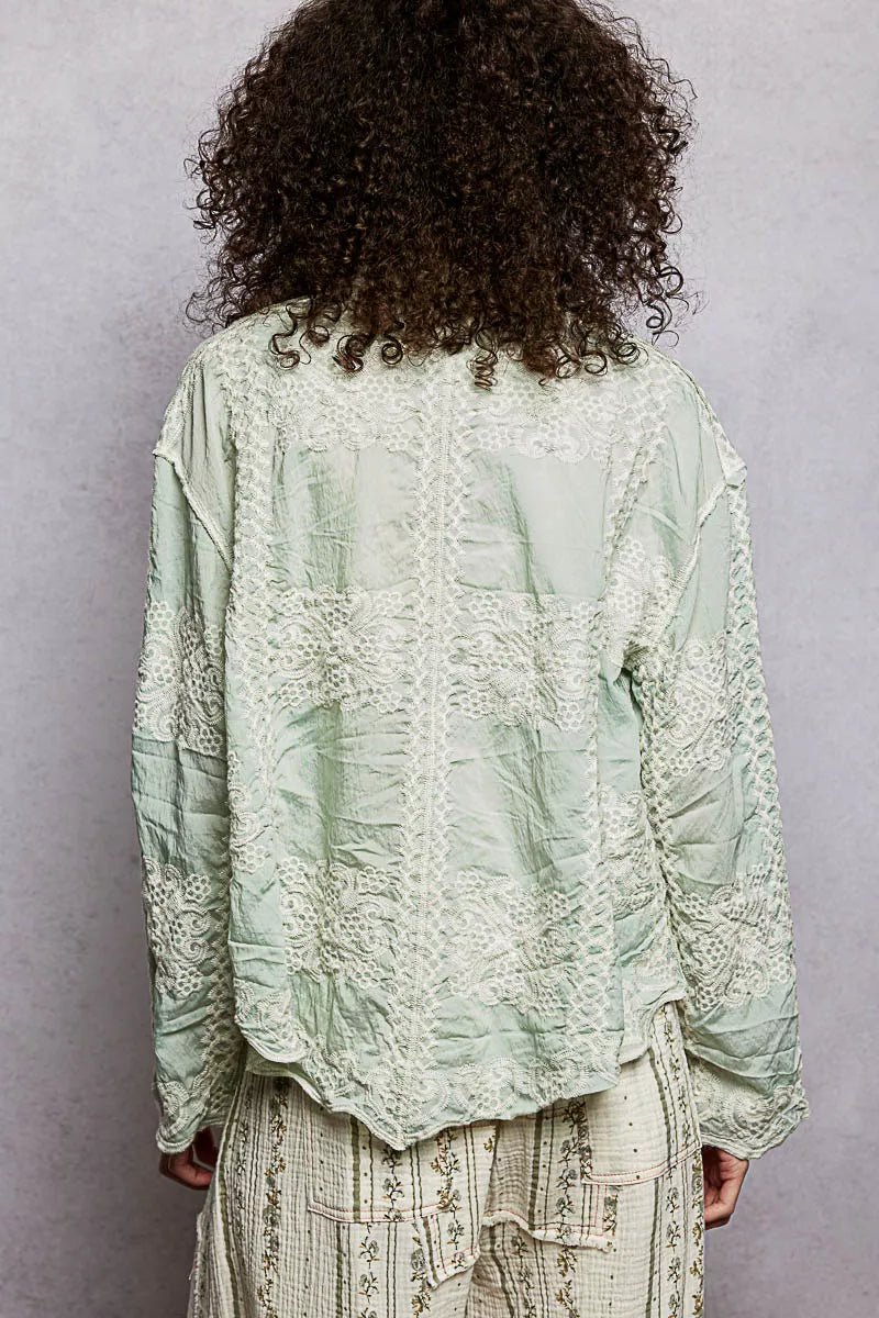 POL Embroidery Button Down Long Sleeve Shirt - Bitsy Gypsy Boutique