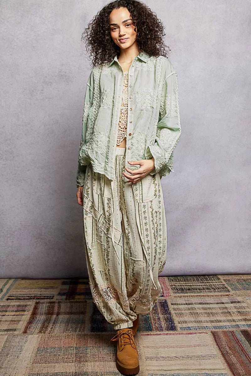 POL Embroidery Button Down Long Sleeve Shirt - Bitsy Gypsy Boutique