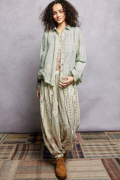 POL Embroidery Button Down Long Sleeve Shirt - Bitsy Gypsy Boutique