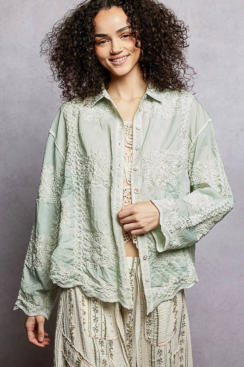 POL Embroidery Button Down Long Sleeve Shirt - Bitsy Gypsy Boutique