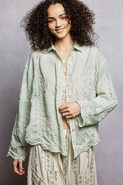 POL Embroidery Button Down Long Sleeve Shirt - Bitsy Gypsy Boutique