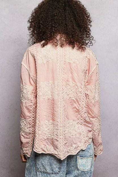 POL Embroidery Button Down Long Sleeve Shirt - Bitsy Gypsy Boutique