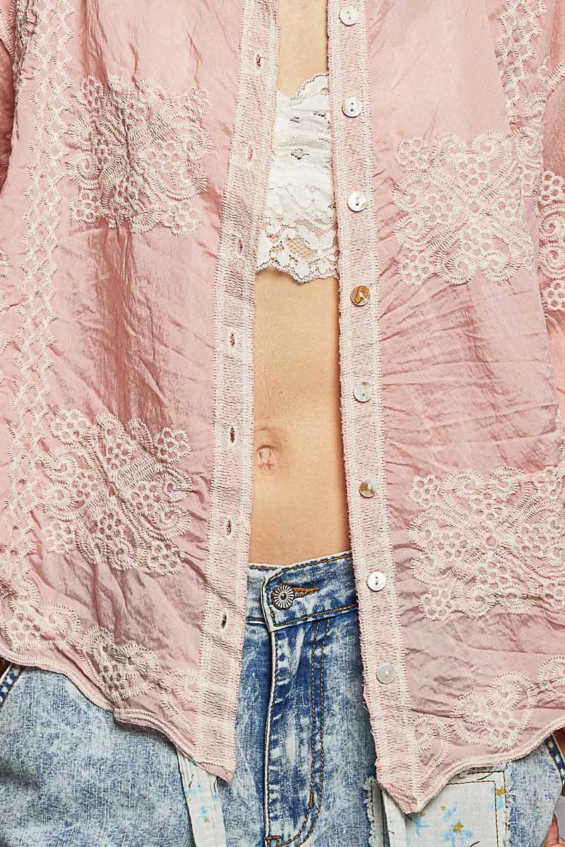 POL Embroidery Button Down Long Sleeve Shirt - Bitsy Gypsy Boutique