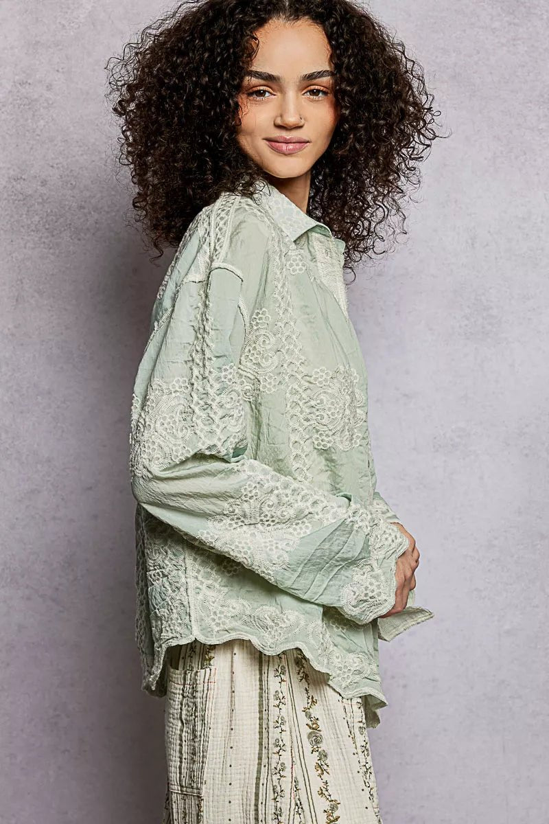POL Embroidery Button Down Long Sleeve Shirt - Bitsy Gypsy Boutique