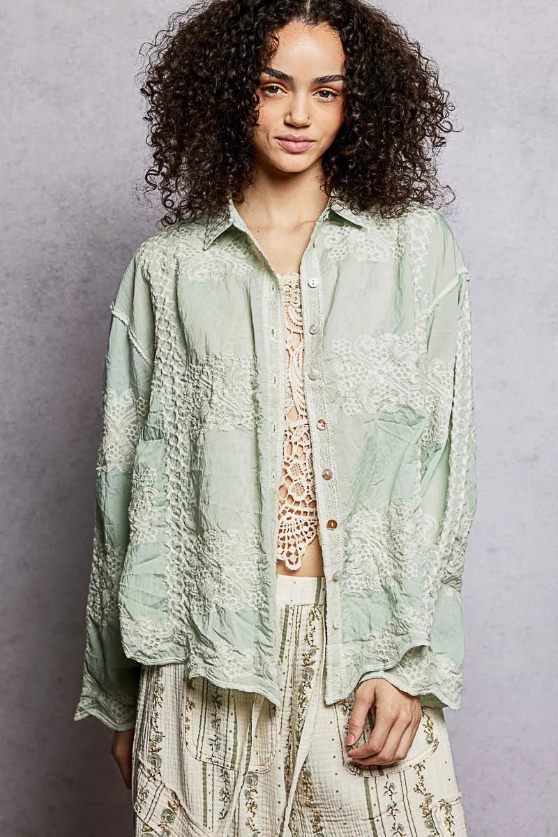 POL Embroidery Button Down Long Sleeve Shirt - Bitsy Gypsy Boutique