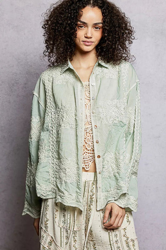 POL Embroidery Button Down Long Sleeve Shirt - Bitsy Gypsy Boutique