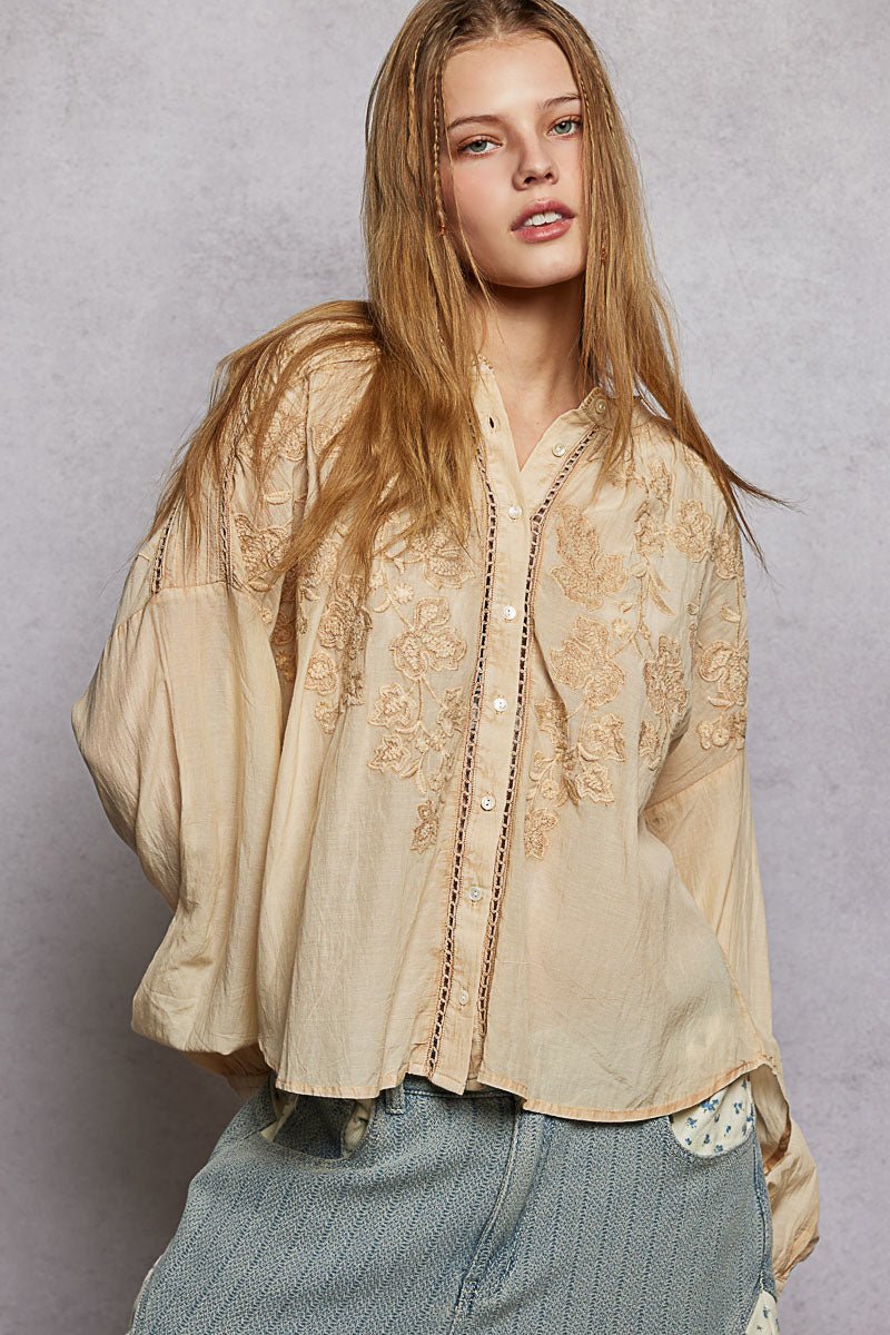 POL Embroidery Button Down Long Sleeve Washed Shirt - Bitsy Gypsy Boutique