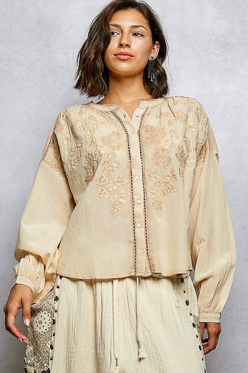 POL Embroidery Button Down Long Sleeve Washed Shirt - Bitsy Gypsy Boutique