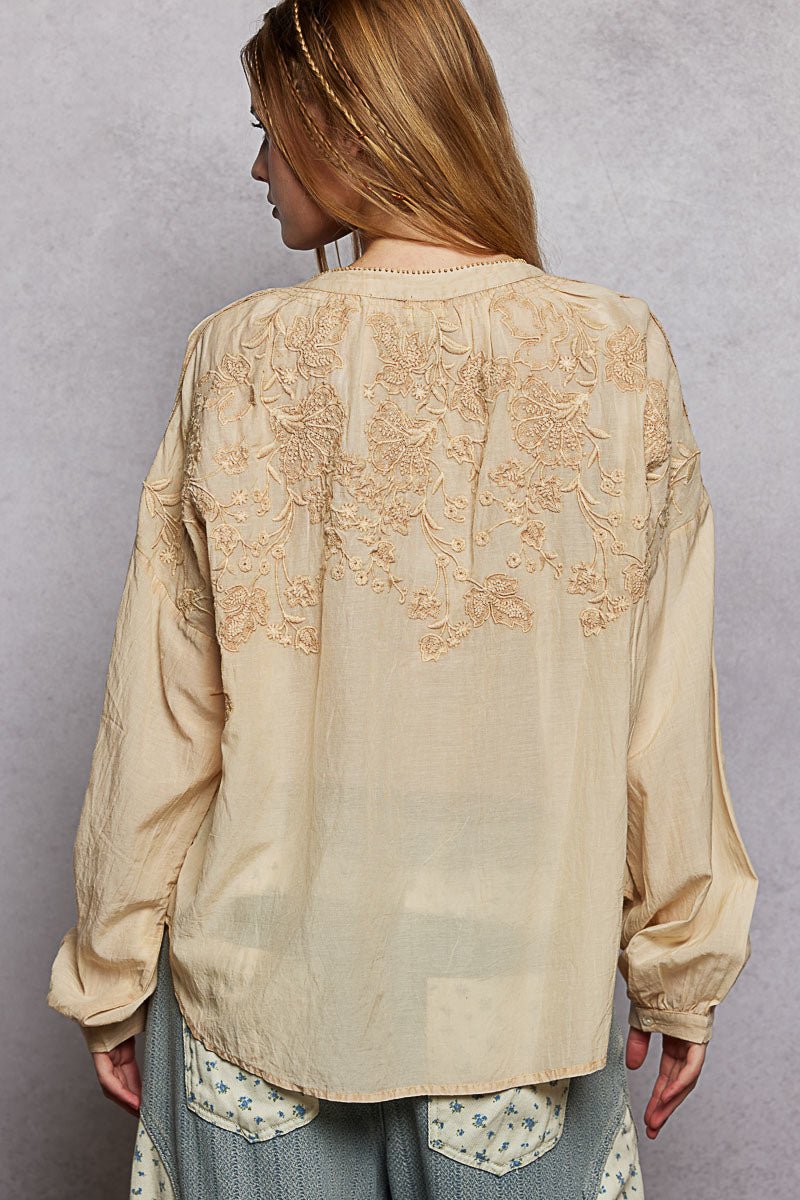 POL Embroidery Button Down Long Sleeve Washed Shirt - Bitsy Gypsy Boutique