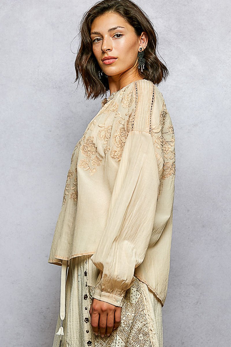 POL Embroidery Button Down Long Sleeve Washed Shirt - Bitsy Gypsy Boutique