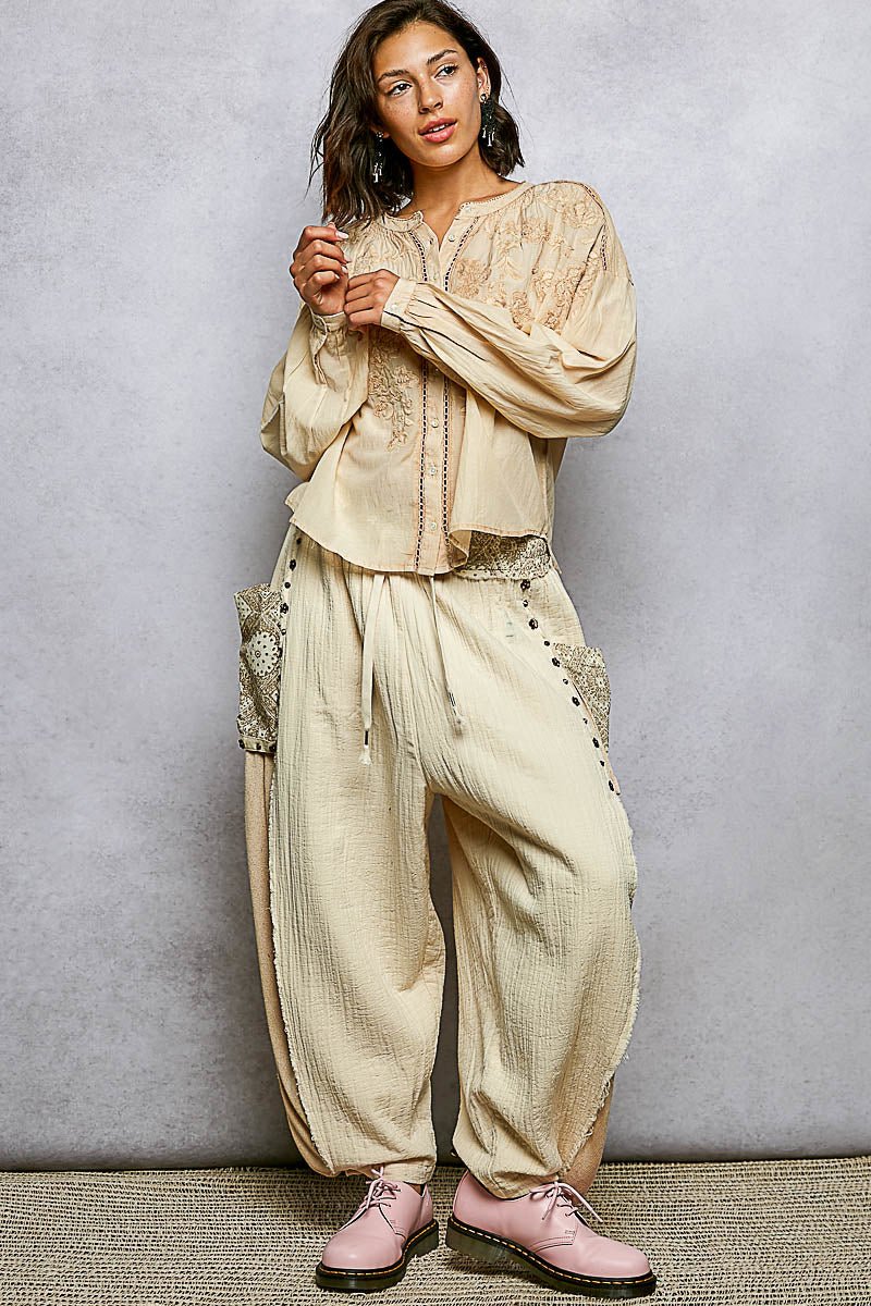 POL Embroidery Button Down Long Sleeve Washed Shirt - Bitsy Gypsy Boutique
