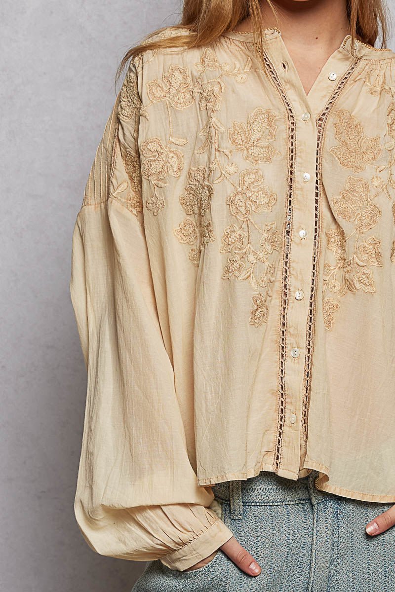 POL Embroidery Button Down Long Sleeve Washed Shirt - Bitsy Gypsy Boutique
