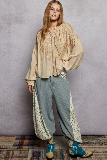 POL Embroidery Button Down Long Sleeve Washed Shirt - Bitsy Gypsy Boutique