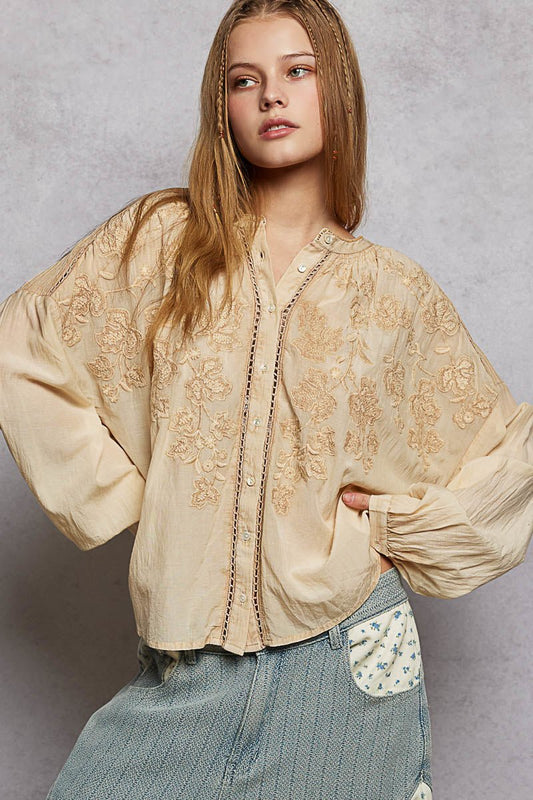 POL Embroidery Button Down Long Sleeve Washed Shirt - Bitsy Gypsy Boutique