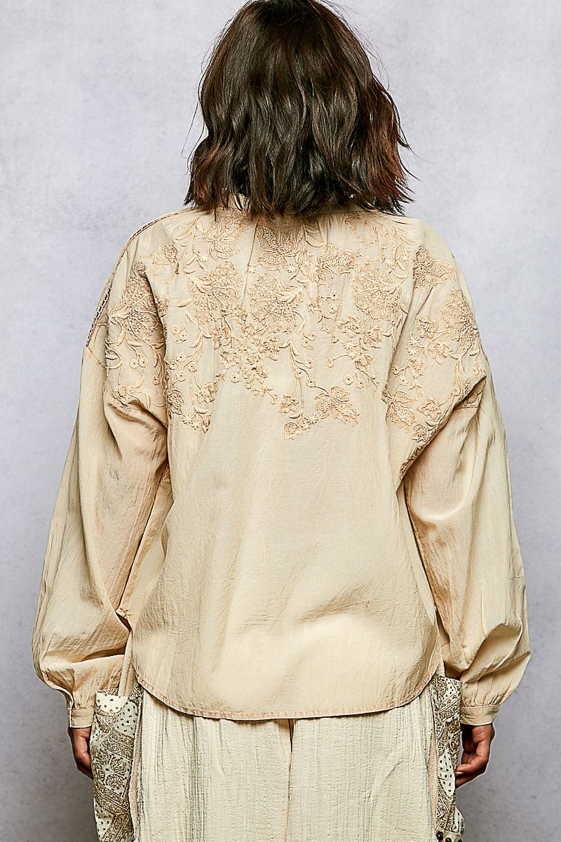 POL Embroidery Button Down Long Sleeve Washed Shirt - Bitsy Gypsy Boutique