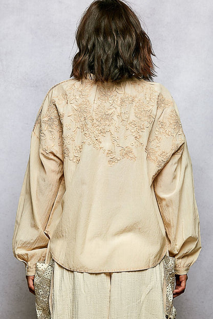POL Embroidery Button Down Long Sleeve Washed Shirt - Bitsy Gypsy Boutique