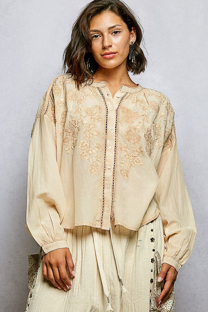 POL Embroidery Button Down Long Sleeve Washed Shirt - Bitsy Gypsy Boutique