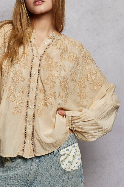 POL Embroidery Button Down Long Sleeve Washed Shirt - Bitsy Gypsy Boutique
