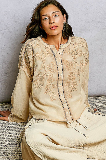 POL Embroidery Button Down Long Sleeve Washed Shirt - Bitsy Gypsy Boutique