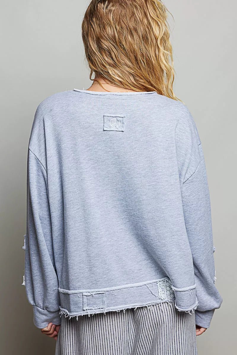 POL Exposed Outseam Crochet Patch V - Neck Sweatshirt with Open Wrap - Style Design - Bitsy Gypsy Boutique