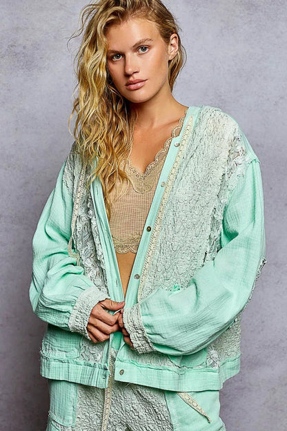 POL Exposed Seam Button Down Hooded Jacket with Lace Detail - Bitsy Gypsy Boutique