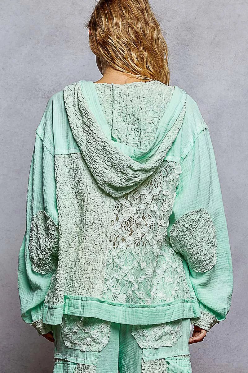 POL Exposed Seam Button Down Hooded Jacket with Lace Detail - Bitsy Gypsy Boutique
