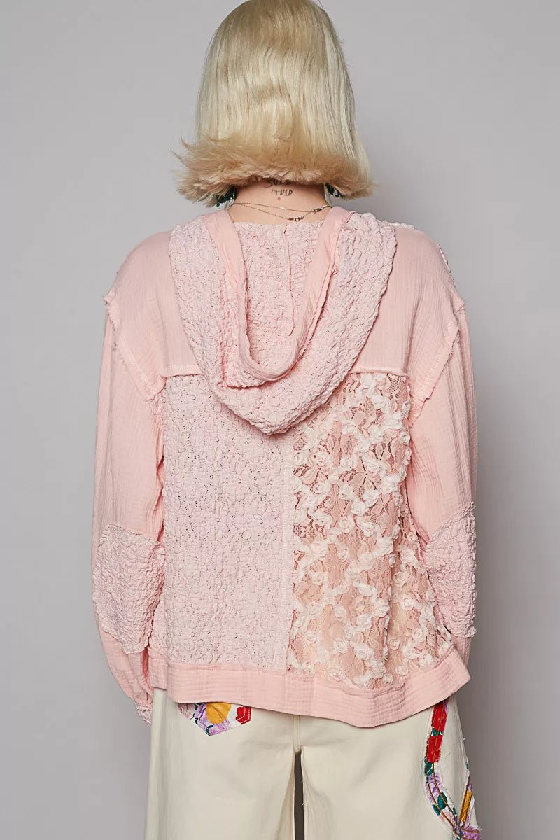 POL Exposed Seam Button Down Hooded Jacket with Lace Detail - Bitsy Gypsy Boutique
