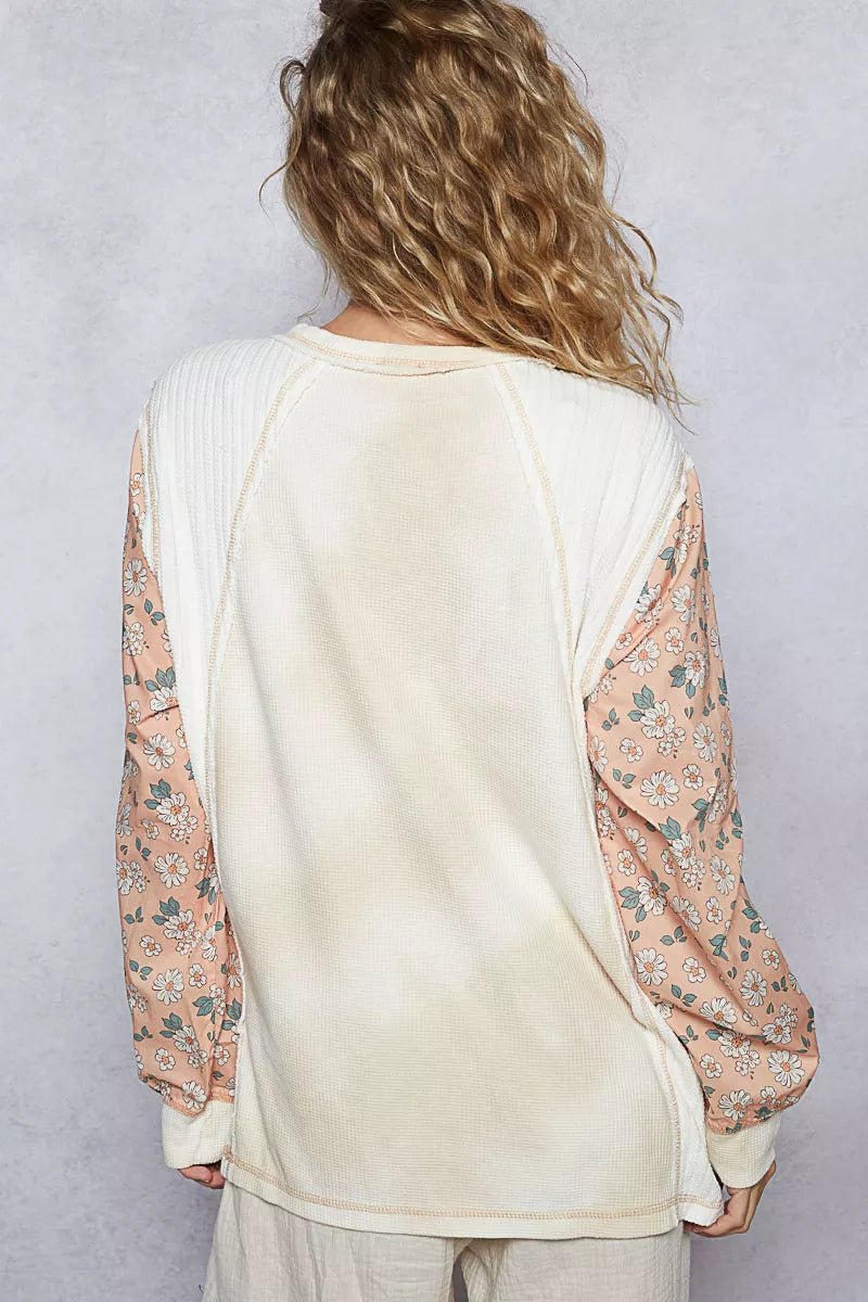 POL Exposed Seam Star Patch Thermal Top with Floral Sleeves - Bitsy Gypsy Boutique