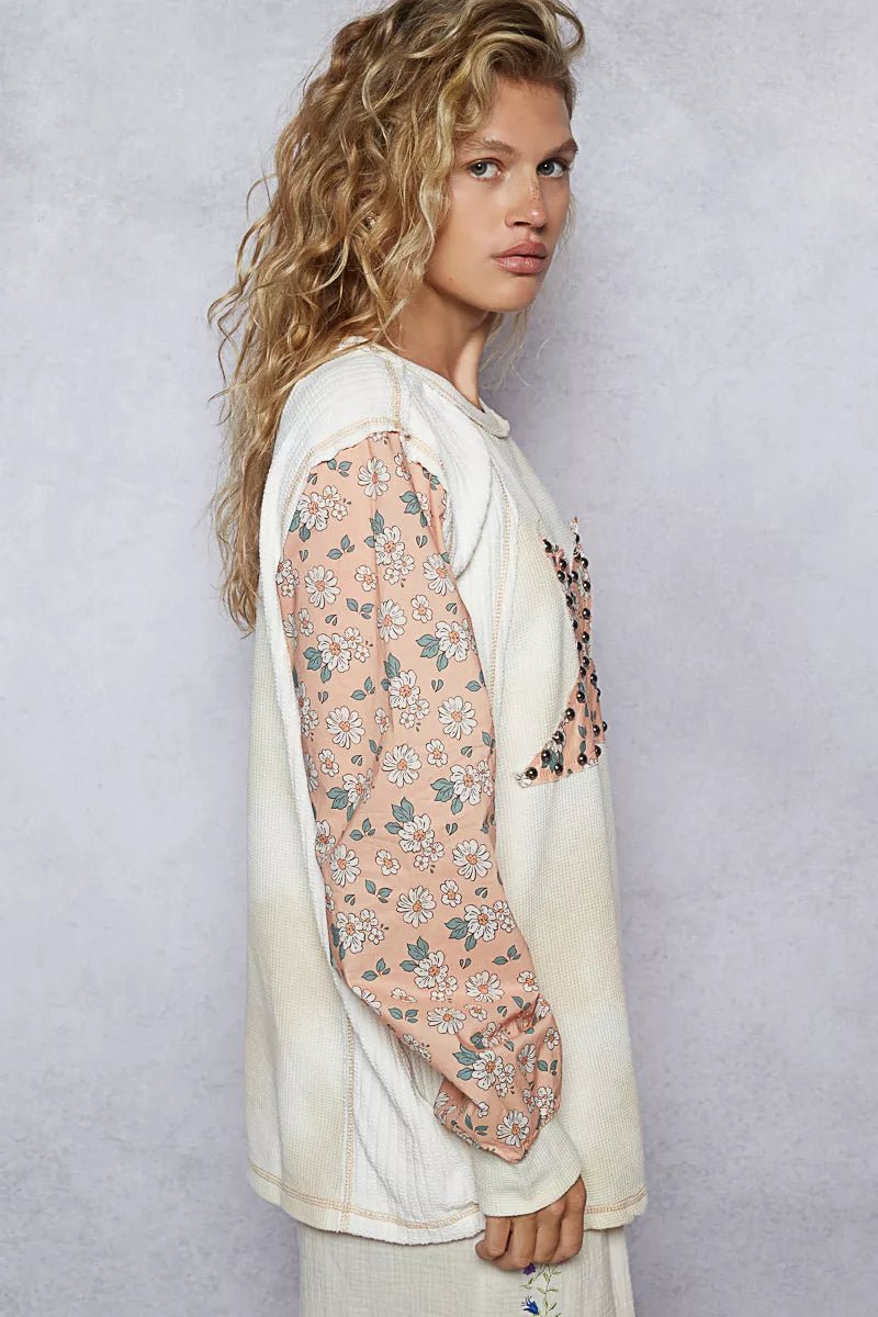 POL Exposed Seam Star Patch Thermal Top with Floral Sleeves - Bitsy Gypsy Boutique
